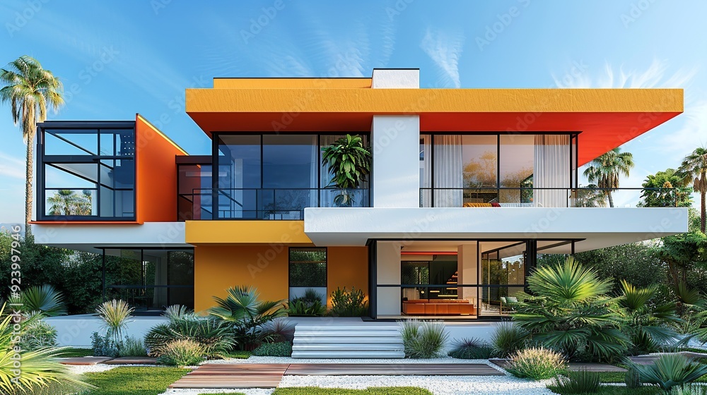 Canvas Prints Stylish modern architecture showcasing a vibrant, colorful facade with uncomplicated lines and sleek design, blending contemporary elements with aesthetic elegance. high resolution Illustration, in