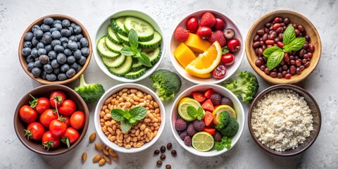 Top View of Bowls Filled with Various Fruits, Vegetables and Beans, Healthy Food Concept, Food Photography, Dietary, Nutrition,