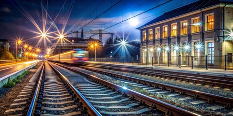 Fototapeta premium Train Station at Night - Long Exposure, Night Lights, Railway Track, Urban Landscape, train station, night photography, urban