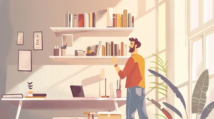 Illustration of a man organizing books in a modern home office setup. Concept of productivity, home workspace, interior organization, bookshelf arrangement. Digital cartoon illustration