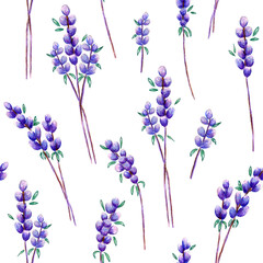 Seamless lavender print. Abstract pattern on a white background, hand drawn purple flowers.