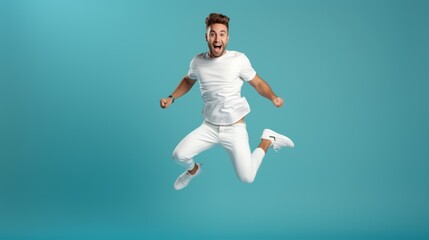 Fototapeta premium Full body of crazy funky guy jump high up spread hands legs good mood open mouth wear white t-shirt, jeans and sneakers isolated bright green studio background. Black Friday sale buy day concept