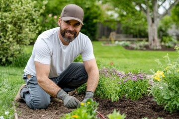 Fototapeta premium Smiling Man Gardening, Planting Flowers in Lush Backyard Garden