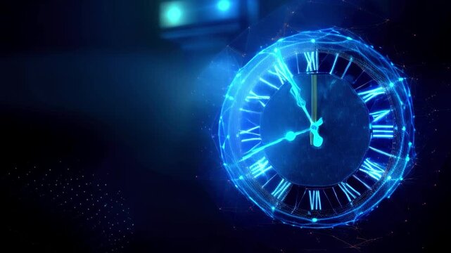 Digital futuristic clock animation with glowing blue roman numerals, time concept, cyber technology background, 3D holographic clock face, innovative design, modern digital countdown, sci-fi
