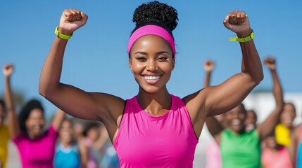 Joyful Fitness African American Instructor Celebrating Success at Outdoor Exercise Event