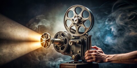 Obraz premium Vintage Film Projector with Hand Adjusting Focus, vintage projector, film reel, cinematic, smoke , projection, filmmaking