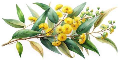 Watercolor Illustration of a Branch of Yellow Mimosa Flowers with Green Leaves, Watercolor, Mimosa, Flower, Branch, Botany
