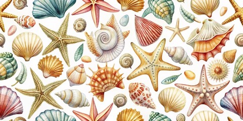 Watercolor Seashells and Starfish Seamless Pattern, watercolor, seamless pattern, sea life, beach decor, shell