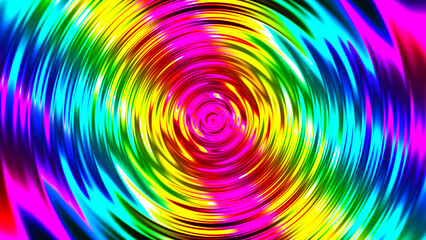 Colorful concentric neon circle. Multicolor RGB swirl background. Neon futuristic abstract magic circle. Spiral illustration. Wavy pattern. 3D rendering.