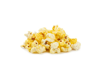 Salted popcorn isolated on white background. Cinema and entertainment concept. Movie night with popcorn. Delicious appetizer, snack.