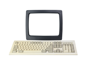 Old computer from the 1990s with a white screen for adding videos and images, retro keyboard and mouse isolated on a white background.