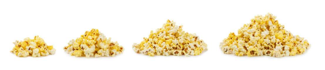 Salted popcorn isolated on white background. Cinema and entertainment concept. Movie night with popcorn. Delicious appetizer, snack.