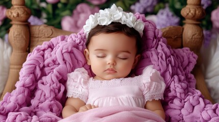 Peaceful Slumber of a Baby Girl Adorned with a Flower Crown in a Cozy Knitted Blanket