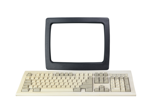 Old computer from the 1990s with a white screen for adding videos and images, retro keyboard and mouse isolated on a white background.