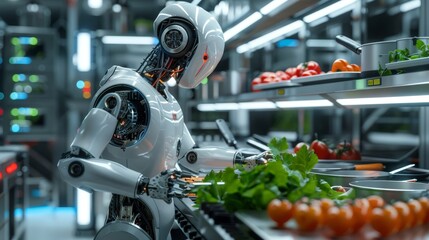 Fototapeta premium Futuristic Food Production: A depiction of a high-tech kitchen using robotics and AI for automated cooking and food preparation.