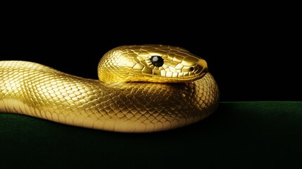 Naklejka premium A luxurious and elegant New Years greeting card design featuring a minimalist gold snake on a deep green background with intricate details and a bold 2025 in metallic typography