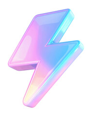 3D lightning bolt featuring pastel gradient colors of blue, pink, and purple. The sharp, vibrant design gives a bold and futuristic look. Isolated on transparent background, png.