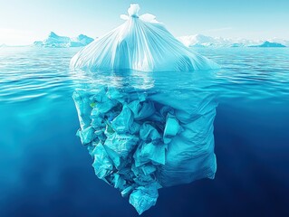 Plastic bag environment pollution with iceberg of trash, illustrating the hidden dangers of underwater pollution.