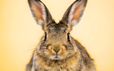  a portrait of a brown Rabbit with a surprised expression, looking into the camera isolated a yellow background.