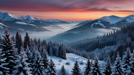 a stunning winter wonderland in the Carpathian Mountains with snow covered fir trees and a colorful pastel hued sky the early morning light and distant snow capped peaks landscape 