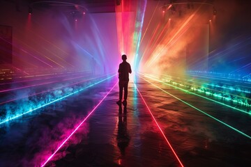Silhouette of a person standing amidst a vibrant laser light installation with various colored beams
