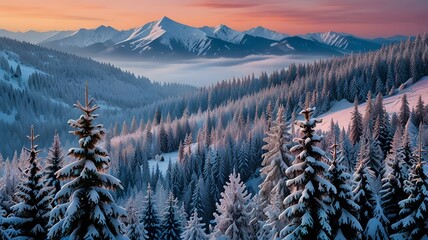 a stunning winter wonderland in the Carpathian Mountains with snow covered fir trees and a colorful pastel hued sky the early morning light and distant snow capped peaks landscape 