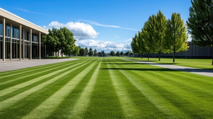 Naklejka premium A contemporary building features a spacious lawn and parking area, framed by neatly trimmed grass and trees, against a vibrant blue sky backdrop