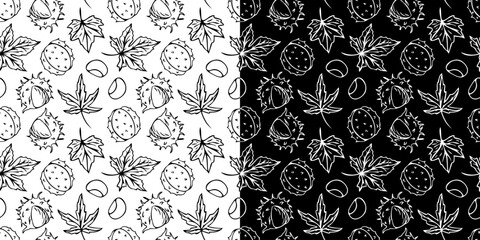 Vector seamless pattern with outlines of chestnuts in doodle style. Line art autumn background. Thanksgiving design. Concept of forest, leaf fall, nature.