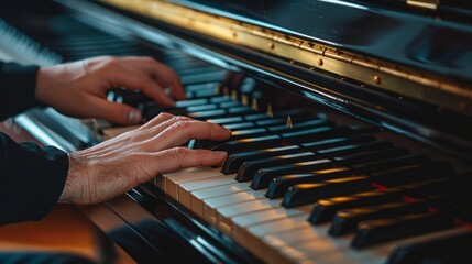 Obraz premium Close-up of a grand piano keyboard with hands playing, showcasing intricate details and polished keys