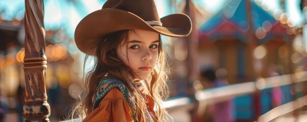 Obraz premium Cute girl dressed as a cowboy, posing happily at a famous theme park.
