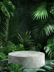 Obraz premium Stone podium against a background of tropical leaves , ai