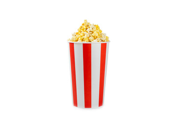 Popcorn box. Red and white striped buckets of salted popcorn isolated on white background. Cinema and entertainment concept. Movie night with popcorn. Delicious appetizer, snack.