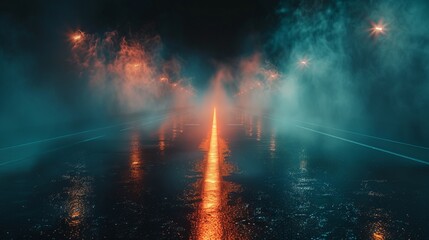 Fototapeta premium Wet road and smoke abstract background empty scene with asphalt texture and spotlight. Horror highway surface with smog and neon light.