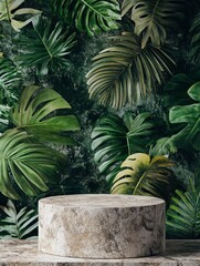 Fototapeta premium Stone podium against a background of tropical leaves , ai