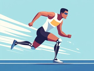 Paralympic sprinter with prosthetic leg, running on track, flat design illustration