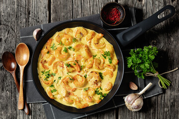 Sauteed Shrimp in creamy saffron sauce, top view