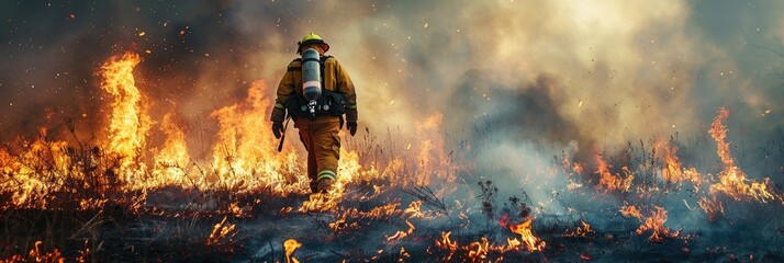 Fototapeta premium Firefighter battling a brush fire amidst intense flames