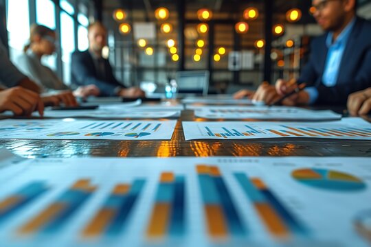 "Documents and Hands of Attendees on a Boardroom Table During a Business Presentation or Seminar, Featuring Financial and Marketing Figures, Graphs, and Charts"