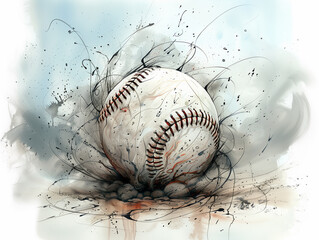 Baseball illustration hand drawn artistic watercolor and ink