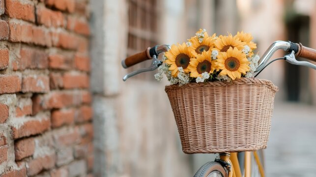 A vintage yellow bicycle with a wicker basket filled with vibrant sunflowers parked against a brick wall on a cobblestone street in a European town. - Powered by Adobe