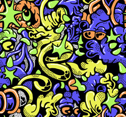 Abstract hand-drawn drawing of bright colors of chaotic shapes.Seamless pattern.