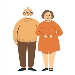 Obraz premium Elderly couple, smiling and standing together, white background, flat design illustration