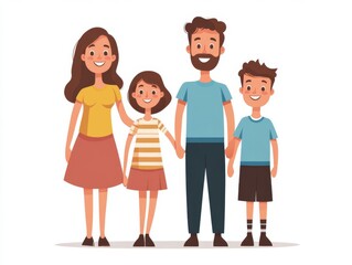 Family of four, smiling and standing, white background, flat design illustration