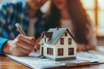 Couple signing a document with a house model in front of them