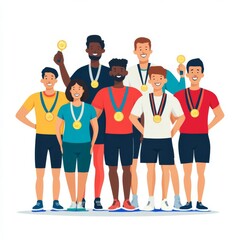Obraz premium Group of athletes, posing with medals, white background, flat design illustration