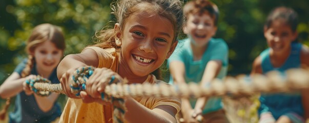 Fototapeta premium Children playing tug-of-war outdoors, enjoying teamwork and summer fun.