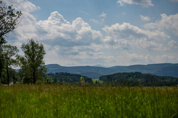 Wide-angle view of a natural valley surrounded by wooded hills and dominated by a blue silhouette of a mountain in the distance. The image conveys harmony, calmness, and connection with nature.