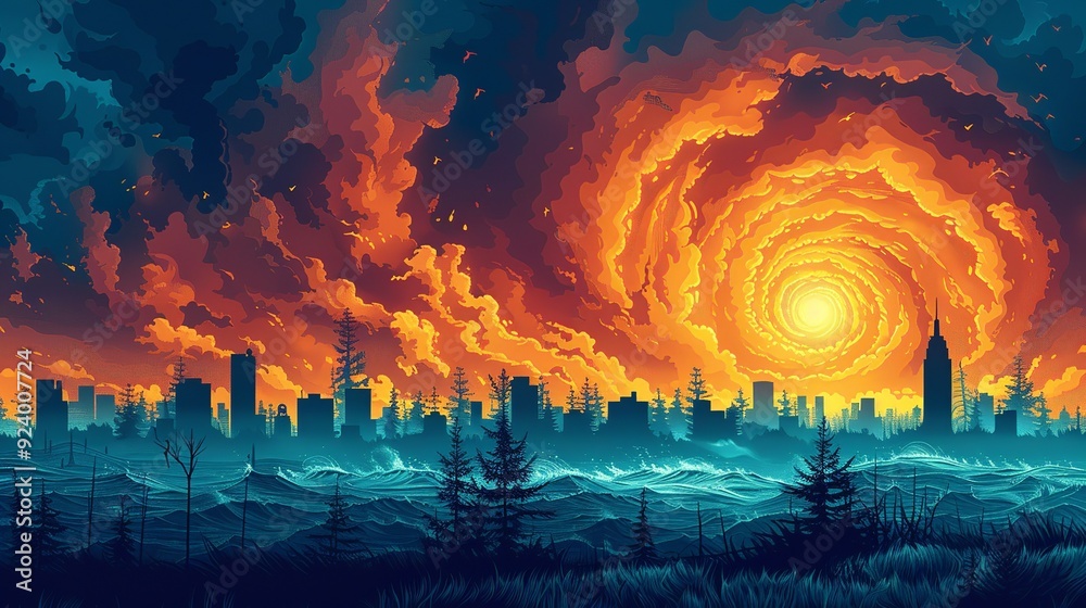 Poster Depict the impact of global warming on natural disasters with a graphic of increased frequency and severity of hurricanes, droughts, and floods due to rising greenhouse gases. high resolution