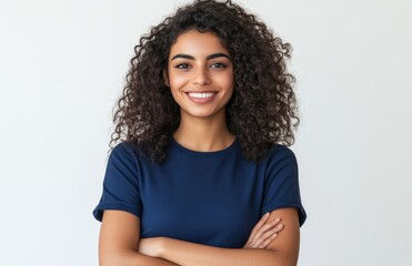 Egyptian woman with curly hair, wearing blue t-shirt and white jeans