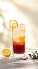 Fototapeta premium A tall, pastel orange and red gradient glass filled with ice cubes to the top